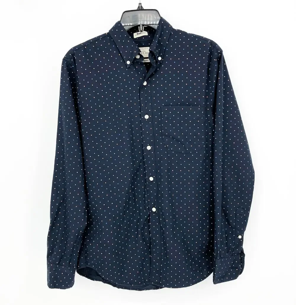 J.CREW Mens Slim Button Down Shirt Small Navy Blue Polka Dots Poplin BJ744 NWT